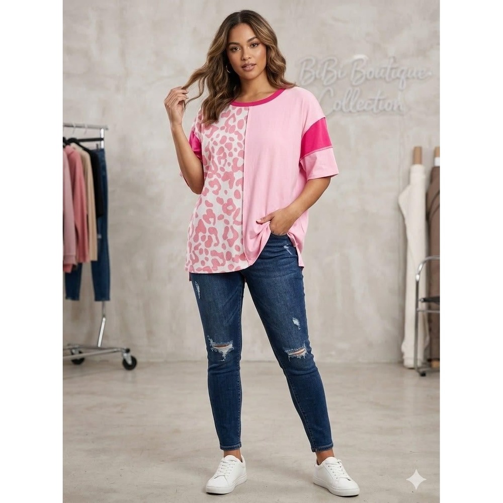BiBi Pink Leopard Colorblock Top Waffle Knit Short Sleeve S BT2854-02